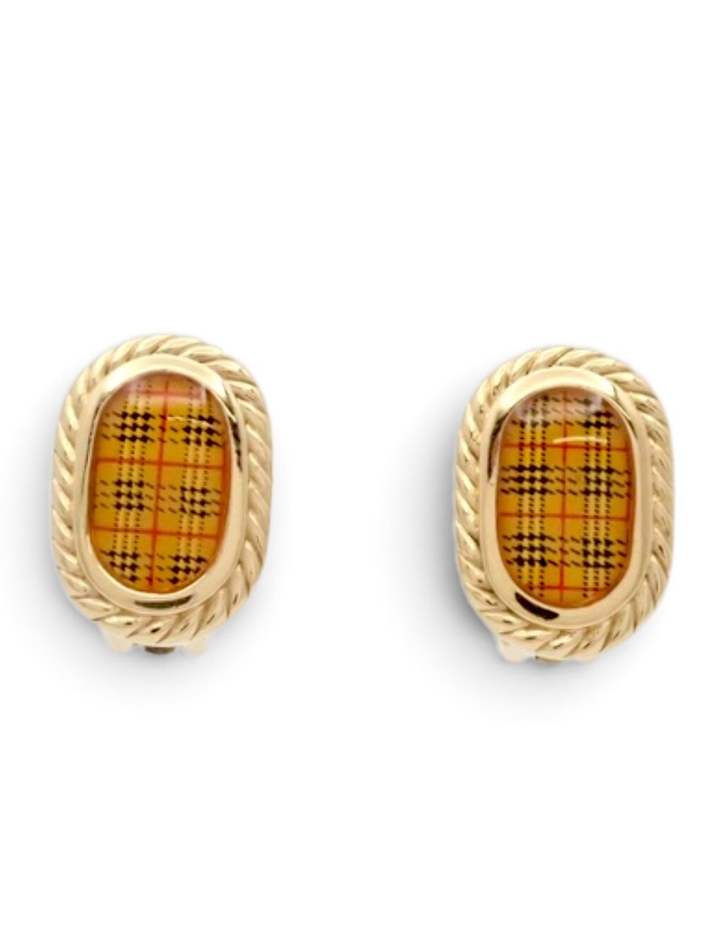 Burberry Earrings Nova Check Plaid Oval Clip-On Gold Tone